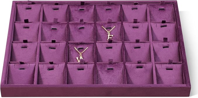 Velvet Necklace Display Tray, Stackable 24 Grid Insert Pendant Necklaces Storage Holder Plate, Jewelry Retail Countertop Organizer (Purple)