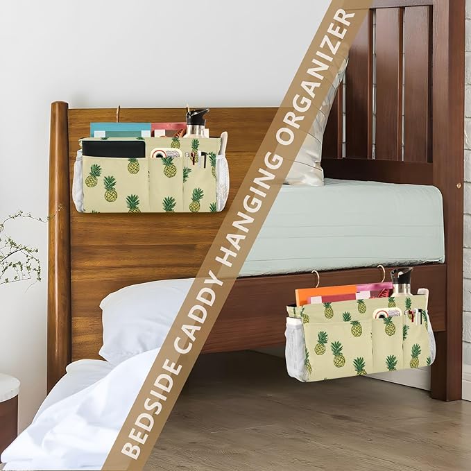 Light Yellow Pineapple01 Bedside Caddy for Dorm Bed Bedside Hanging Caddy Bag Iron Frame Storage Organizer Pocket for Bunk Home College Hospital Beds 2 Hooks