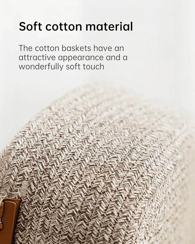 Large Cotton Woven Blanket Basket with PU Leather Handle, Kids Clothes Toys Gifts Organizer, Living Room Basket Bathroom Shower Storage Laundry Basket, White
