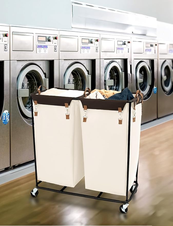 StorageWorks 390L Extra Large Lanudry Hamper with Wheels, Laundry Basket with Wheels 2 Sections, Clothes Sorter Cart with Divider for Hotel, Home, Beige, 1-Pack