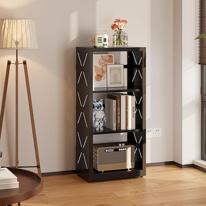 Narrow Bookshelf,3 Tier Bookcase,34" Black Metal Small Bookshelf with Adjustable Feet and Adjustable Shelves,Home Office Bookcase Shelf Storage Organizer for Living Room、Kitchen