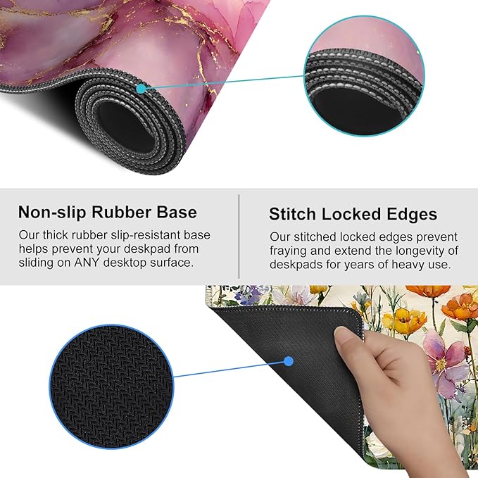 Pink Marble Ink Mouse Pad – Large Extended Desk Mat 35.43 x 15.75 in – Elegant Watercolor Gold Foil Design, Waterproof Surface, Non-Slip Rubber Base, Keyboard & Mouse Pad for Office or Gaming