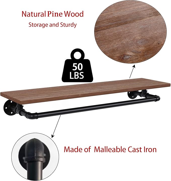 Clothes Rack 48in, Wall Mounted Garment Rack with Real Wood Shelf, Heavy Duty Hanging Clothes Rack, Multi-Purpose Hanging Rod, Space-Saving Closet Storage