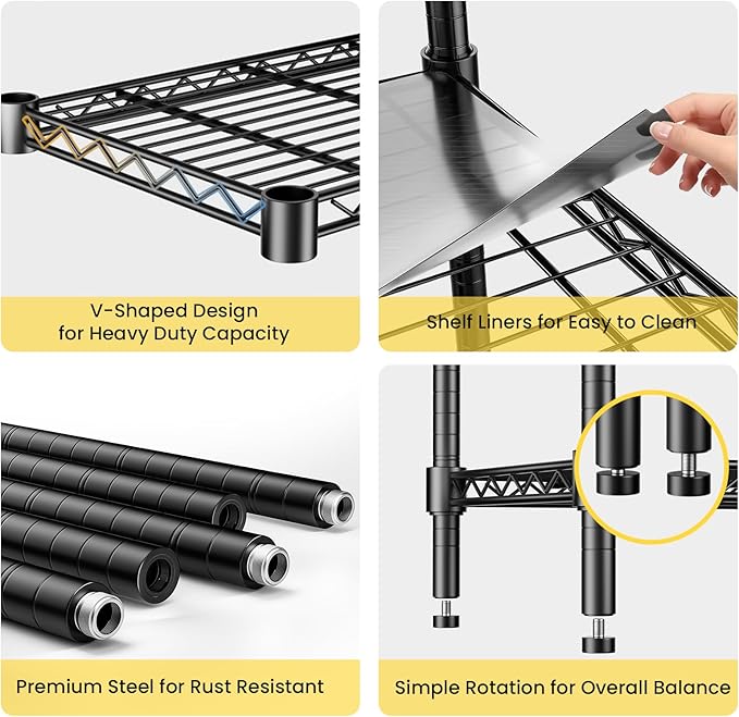 45" W Storage Shelves 5 Tier Wire Shelving with Shelf Liners, Adjustable Metal Garage Shelving, 1875LBS Heavy Duty Commercial Storage Rack for Pantry Kitchen, 45" W x 16" D x 72" H, Black