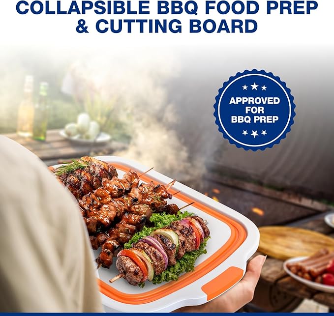 2-Pack XL Collapsible BBQ Prep Tub with Built-In Cutting Board, Lid & Strainer – Marinate, Drain & Prep – Large Food-Safe Container – Perfect for Grilling, Smoking & Outdoor Cooking