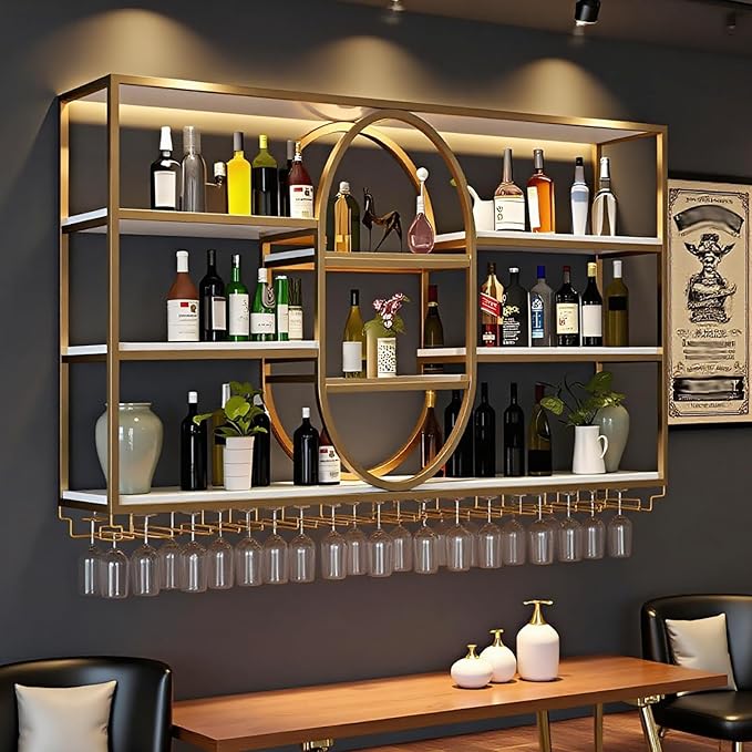 71IN Large Wall Mount Wine Rack, Metal 4 Tier Hanging Bottle Holder with Wine Glass Storage Racks, Modern Floating Wine Shelves for Home Bar Dining Room Decoration (Gold)