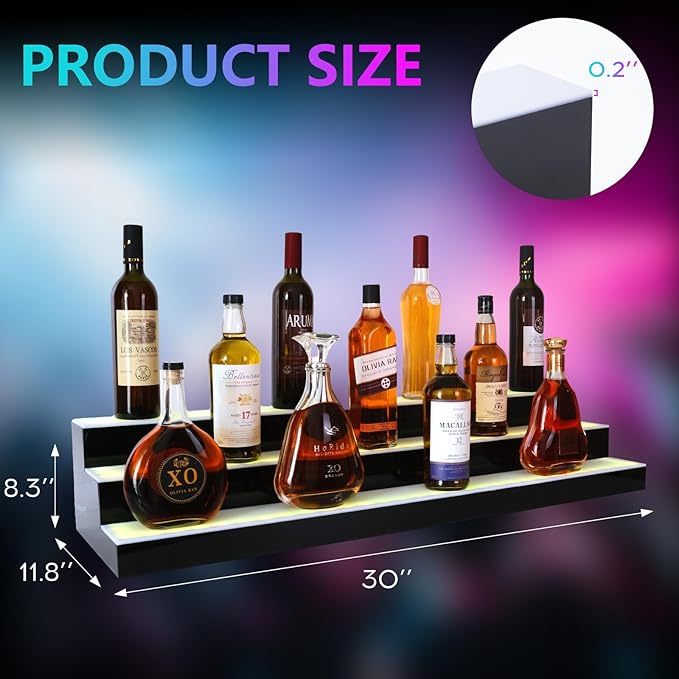 Led Lighted Liquor Bottle Display Shelf, 30 Inch 3 Tier Whiskey Rack, Support USB, Bar Stand with RF Remote & App Control, Illuminated Acrylic Lighting Shelves for Home Bar, Party