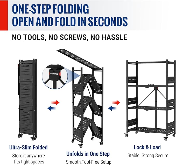 WORKPRO 4-Tier Folding Shelf, No-Assembly Metal Storage Rack with Wheels, 600 lbs Capacity (Without Wheels), Collapsible Shelving Unit for Kitchen, Pantry, Bathroom & Closet Organization