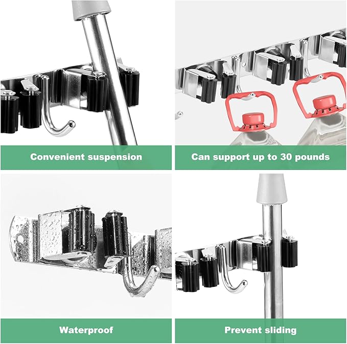 5 Pack Broom Holder Wall Mount 5 Racks 4 Hooks Stainless Steel Broom Mop Holder Anti Slip Storage Rack Strong Load Bearing Waterproof Broom and Mop Organizer Wall Hanging for Bathroom Kitchen Garage