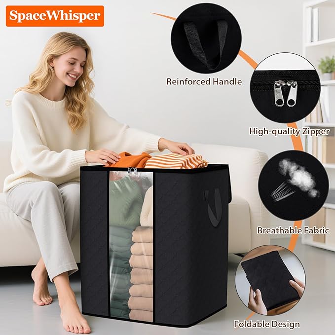 SpaceWhisper 8 Pack 100L Clothes Storage, Foldable Thick Fabric Blanket Storage Bags, Containers for Organizing Bedroom, Closet, Clothing, Comforter,Closet Organization with Handle,Black