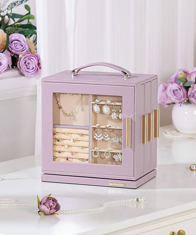 Homde Christmas Gifts Jewelry Box 360° Rotating, Necklace Earring Organizer with Transparent Window, Mirror, 7 Drawers, Large Ring Display Storage Case for Girls Women (Grey Purple)