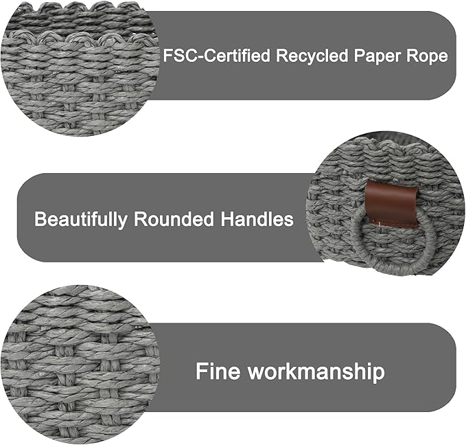 Small baskets for Organizing,Cute woven Storage basket with recycled paper rope for Shelves Bathroom,Little decorative basket,Set of 3 (Dark Grey)