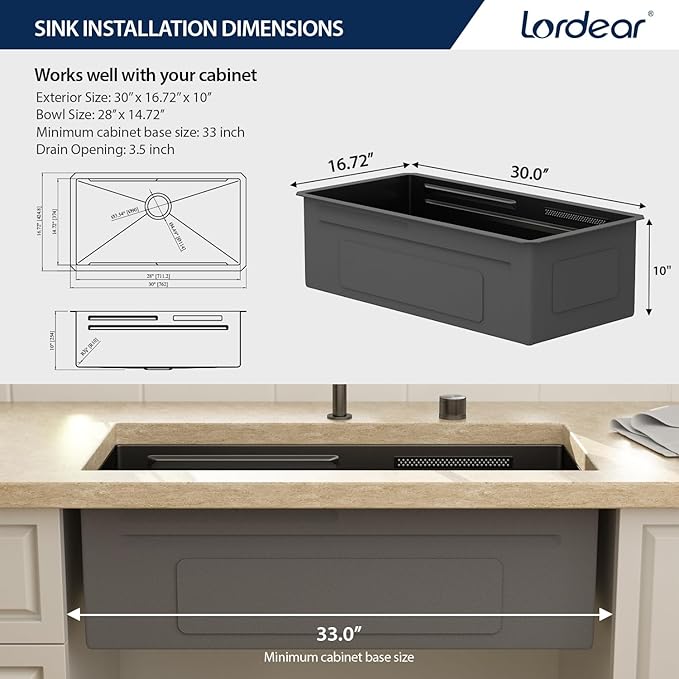 Lordear 30 Inch Waterfall Kitchen Sink Black - Undermount Kitchen Sink Workstation Stainless Steel 16 Gauge Single Bowl NANO-PVD Handmade Under Counter Smart Kitchen Sinks With Faucet