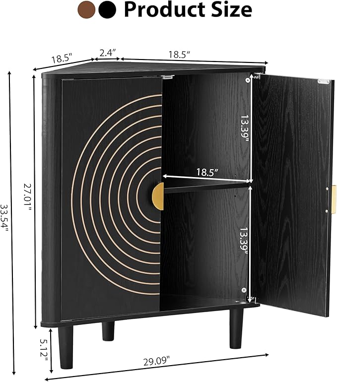Small Corner Storage Cabinet, Modern Freestanding Floor Cabinet with Magnetic Door Lock and Adjustable Shelves, Small Space Corner Table for Bathroom, Kitchen, Dining Table, Living Room, Black