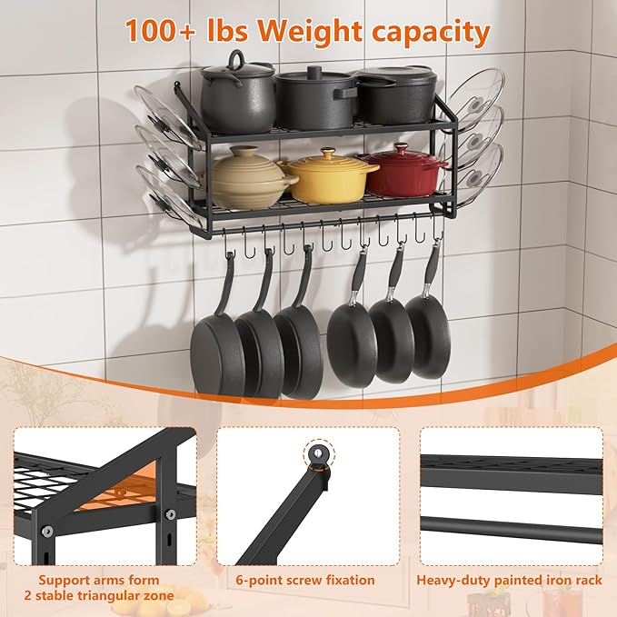 VOPEAK 30" Pot Rack Wall Mounted with 6 Detachable Pot Lid Holders,12 Adjustable S Hooks for Hanging Pans,2 Tier Black Heavy Duty Metal Shelves for pots and pans Organizer,200lbs Capcity,Space Saving
