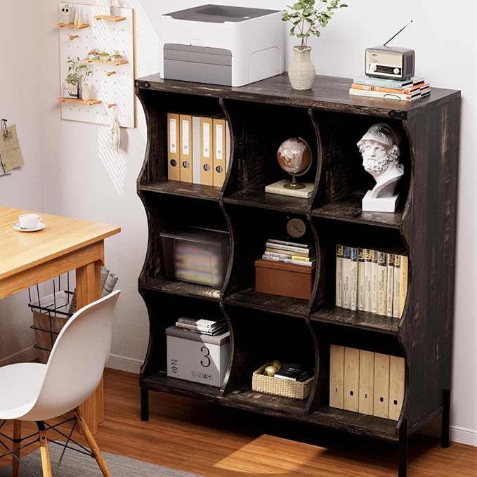 9 Cube Storage Shelf Organizer, Low Book Shelf Bookcase Entryway Table, Wood Closet Storage Display Cabinet TV Stand for Living Room, Office,Bedroom, Dorm, Dark Brown with Dark Brown Top