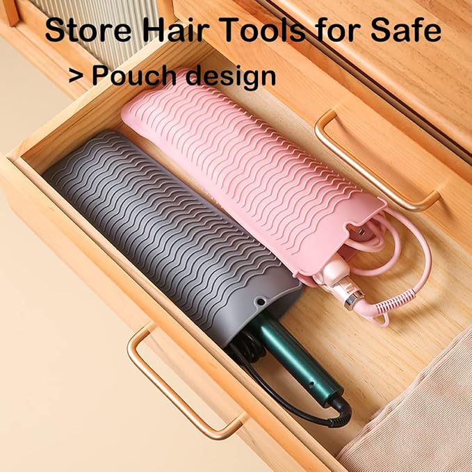 Heat Resistant Silicone Mat with Hanging Hole, Straightener Heat Resistant Travel Mat & Pouch for Curling Iron, Flat Iron and Other Hot Hair Styling Tools, 11 x 5 in, Gray