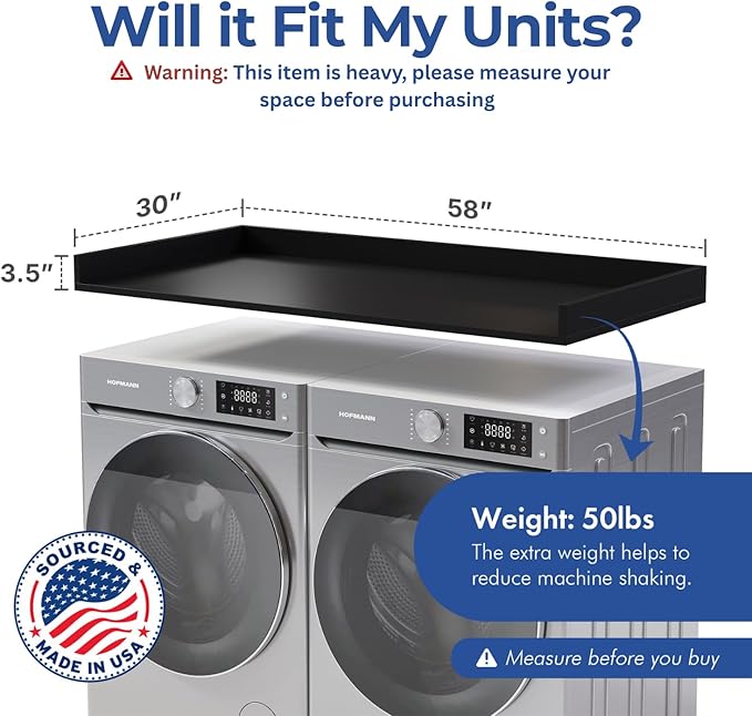 OfficeSimpli Large Washer Dryer Countertop 30 x 58 - Made in USA - Heavy-Duty Laundry Countertop Over Washer and Dryer, Laundry Room Countertop Organization Solution with Non-Slip Pads, Black