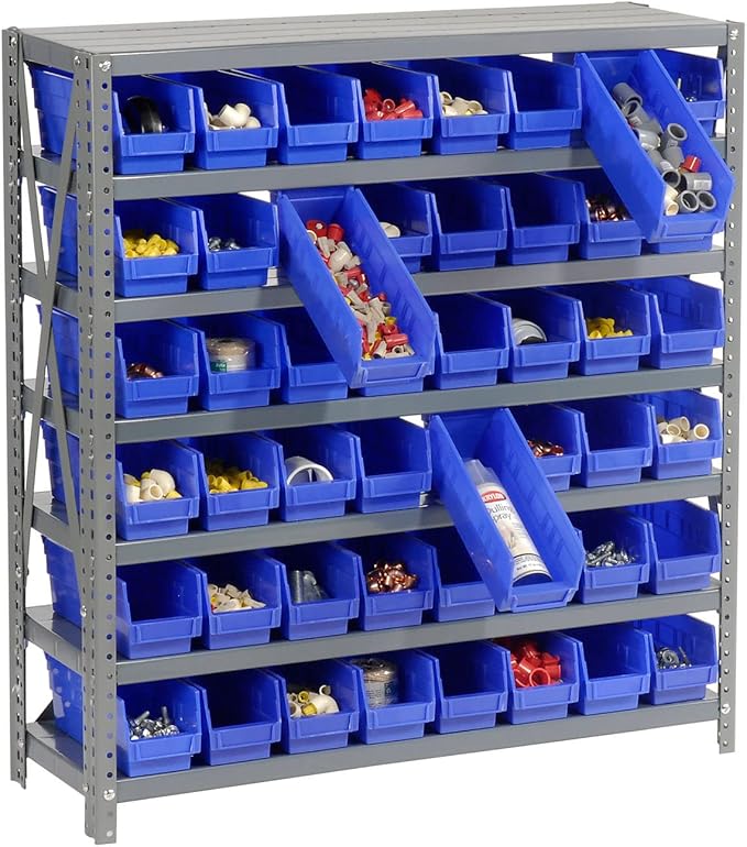 Global Industrial 7 Shelf Steel Shelving with (48) 4" H Plastic Shelf Bins, Blue, 36" W x 12" D x 39" H, Single-Sided Open Shelving with 48 Plastic Shelf Bins