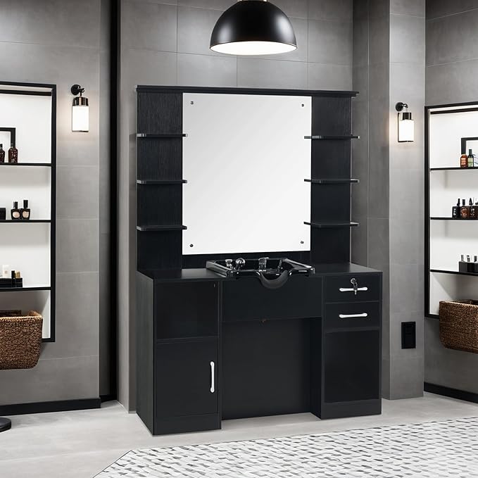 BarberPub Wall Mount Storage Station with Mirror Shampoo Bowl High-end Styling Beauty Salon Furniture Set 3145 (Black)