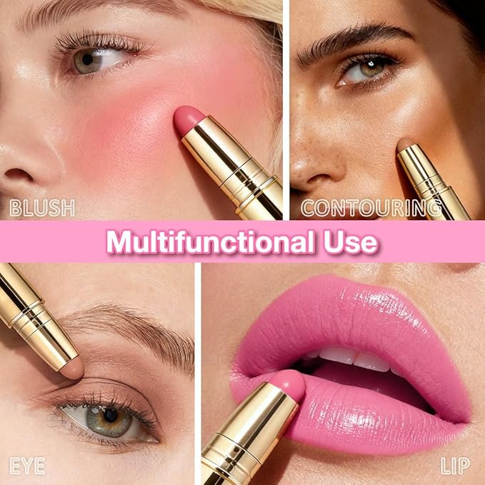 evpct 3Pcs 2In1 Blush Contour Multiuse Makeup Sticks Set, Pink Rose Berry Tan & Nude Brown Creamy Butter Blush Bronzer Contour Multiuse Stick for Cheeks Lips Eyes Faces, Ultra-Creamy Radiant Finish