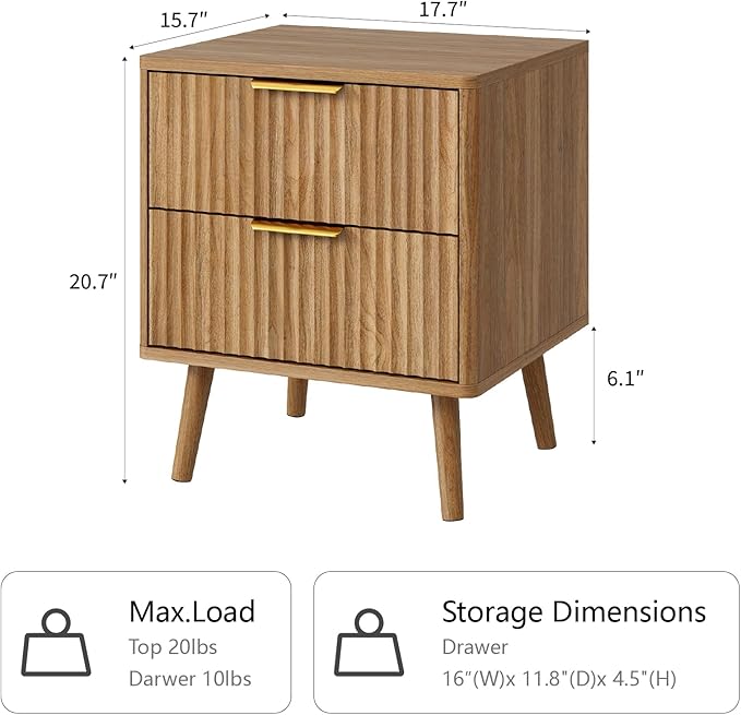 CARPETNAL Fluted Nightstand Set of 2, Walnut Bedside Table with 2 Drawers and Gold Handles, Wood End Table Mid Century Night Stands for Bedroom Living Room