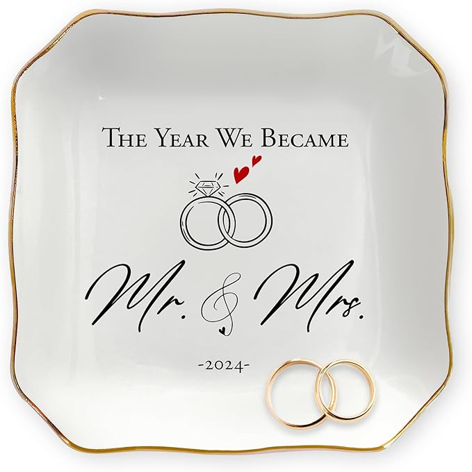 OASSIE Anniversary Wedding Gifts for Her Wife - 4"x4" Ceramic Jewelry Dish Tray - Engagement Newlyweds Couples Gifts for Women Her Wife, Mr and Mrs Decorative Trinket Dish