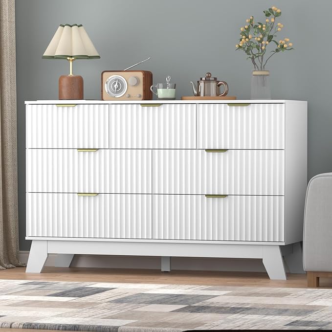 Fluted Dresser for Bedroom,7 Drawer Dresser for Closet,Storage Cabinet and Chest of Drawers with Gold Handle,TV Stand,Storage Organizer for Living Room,Hallway,Entryway,White