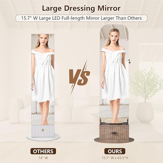 360°Swivel jewelry organizer with Full Length Mirror with Lights,Jewelry Armoires Cabinet Standing with Drawer,Large Mirror Storage for Jewelry and Makeup（Wood）