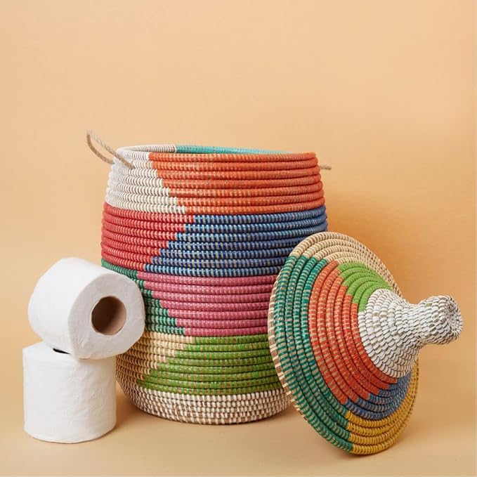Small Decorative Colorful Wicker Basket, Home Storage and Organization, Laundry, Blankets, Toys, Clothes, Hamper, Bin, Sturdy, Round, Hand Woven, 14" Tall, 12" Wide