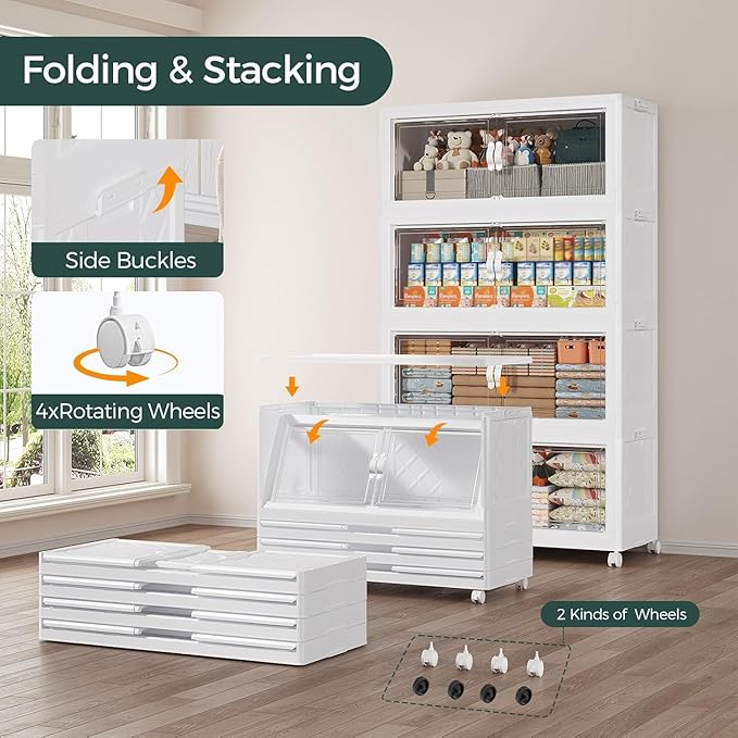 720QT Extra Large Stackable Storage Bins with Lid, 180Gal Collapsible Closet Organizer Box with Wheels, Folding Plastic Storage Cabinet with Doors for Home Kitchen Office Dorm, 6Pack White