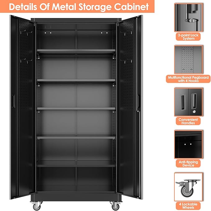Aobabo 71" H×34" W×18" D Garage Storage Cabinet with Wheels, Metal Locking Storage Cabinet with 4 Hooks and 5 Steel Shelves for Garage, Home Office, School, Assembly Required, Black