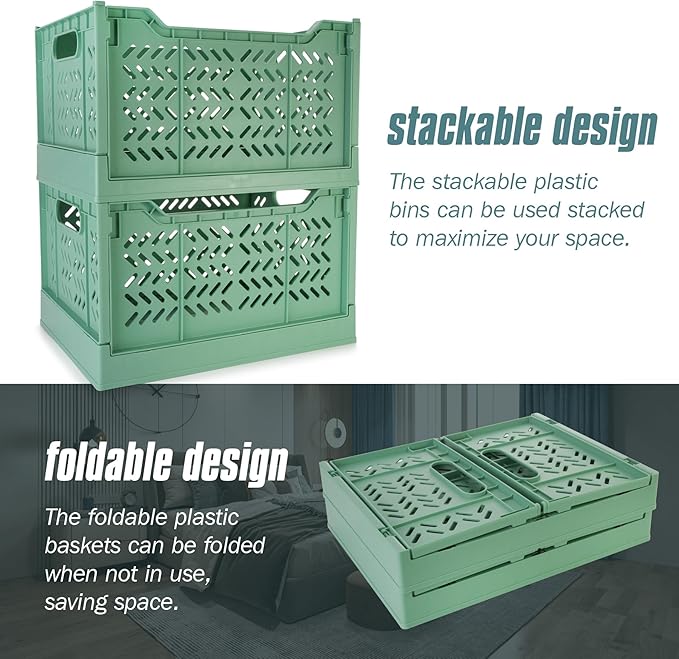 Domiella 2-Pack Crates for Storage, Storage Crates Plastic Stackable, Foldable Crate for Office Home Kitchen Bedroom Bathroom (Tall, Green)