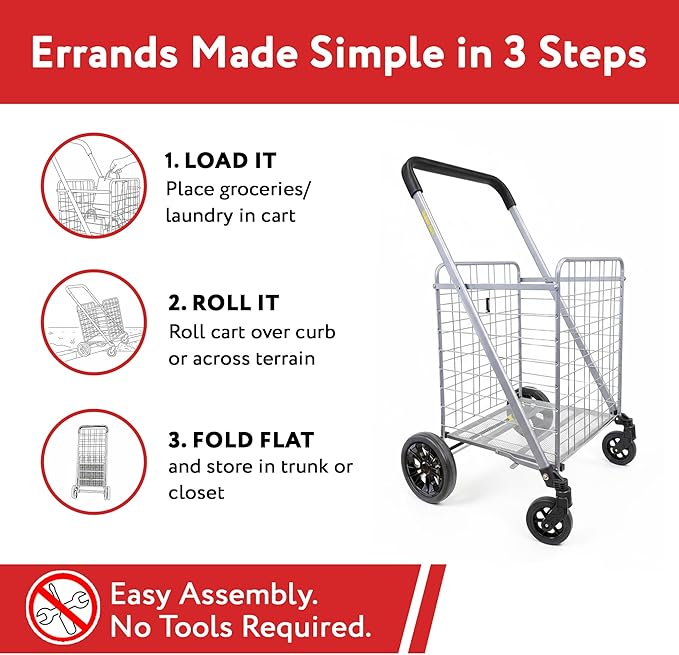 dbest Products Cruiser Cart Deluxe 2 - Foldable Shopping Cart with Wheels for Groceries - Heavy Duty Utility Cart with Brake System - Collapsible Laundry Cart - USA Designed - Holds 100 lbs - Silver