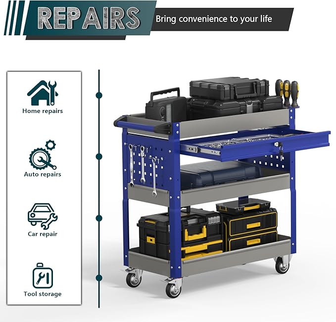 3 Tier Rolling Tool Cart on Wheels with Locking Drawer - Metal Service Cart Industrial Utility Cart for Mechanic - 350 LBS Mobile Storage Organizer for Garage. (Gray-Blue)