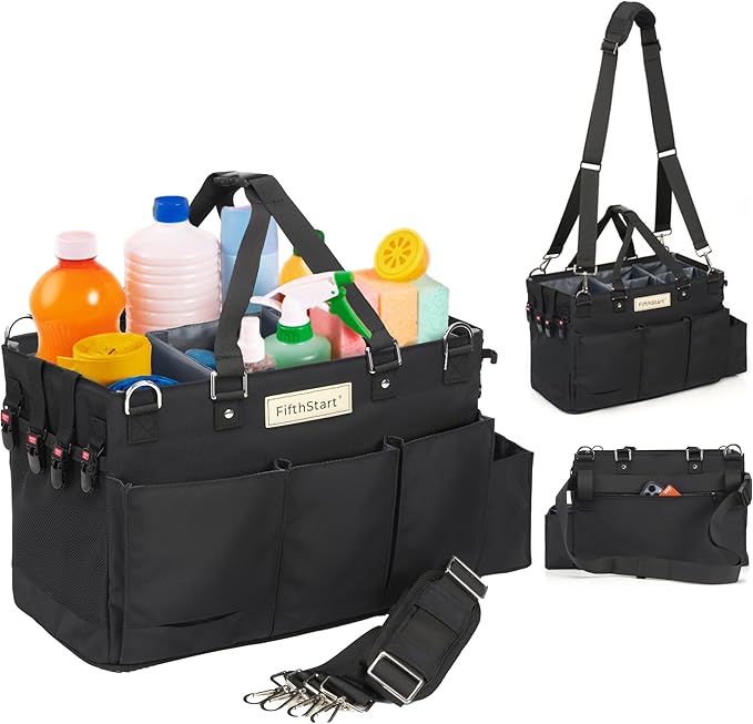 FifthStart Multiuse Cleaning Caddy w/Waist & Shoulder Strap - 9 Pockets Tote Bag for Housekeeping Gardening Fishing Bathroom Organizer Adjustable Compartments, Black Large Caddy Organizer with Handle