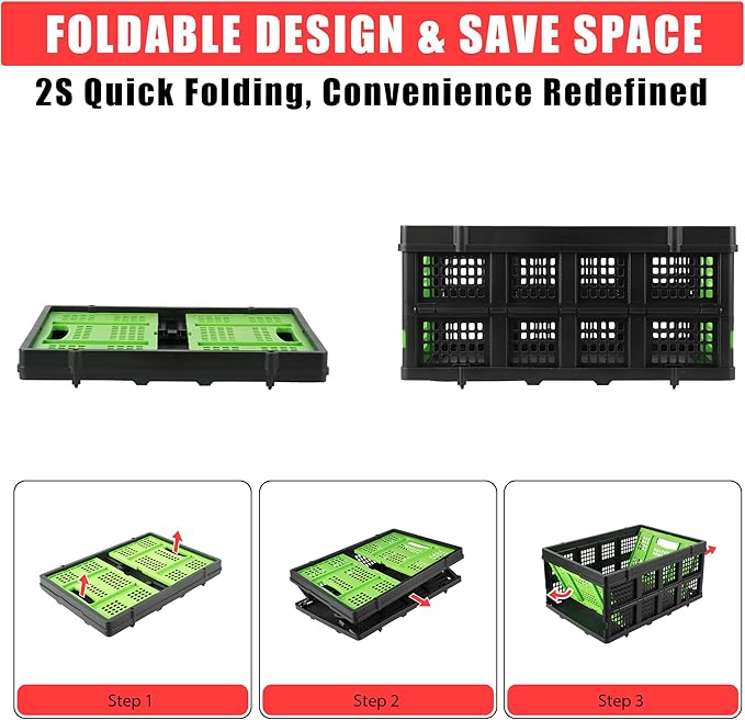 55L Collapsible Crates for Storage,Stackable & Collapsible Milk Crates, Stackable Storage Baskets, Folding Storage Containers for Organizing Tools, Books, Food, Drinks, Camping & Transport