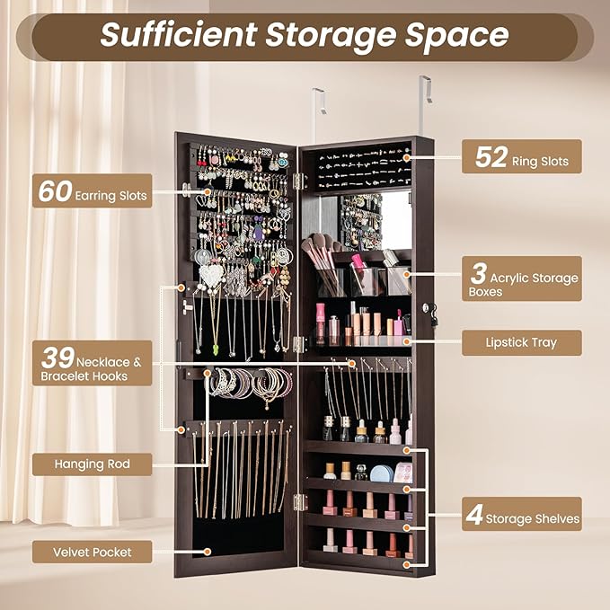 CHARMAID Jewelry Cabinet Wall or Door Mounted, Hanging Lockable Jewelry Armoire Storage With Full Length Mirror, Interior Makeup Mirror, Over the Door Organizer Box (Dark Brown)