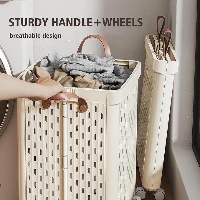 UAK Laundry Basket with Wheels, Collapsible Plastic Laundry Hamper with Handle, Foldable Laundry Basket Organizer for Laundry and Bathroom (Ivory, XXXL)