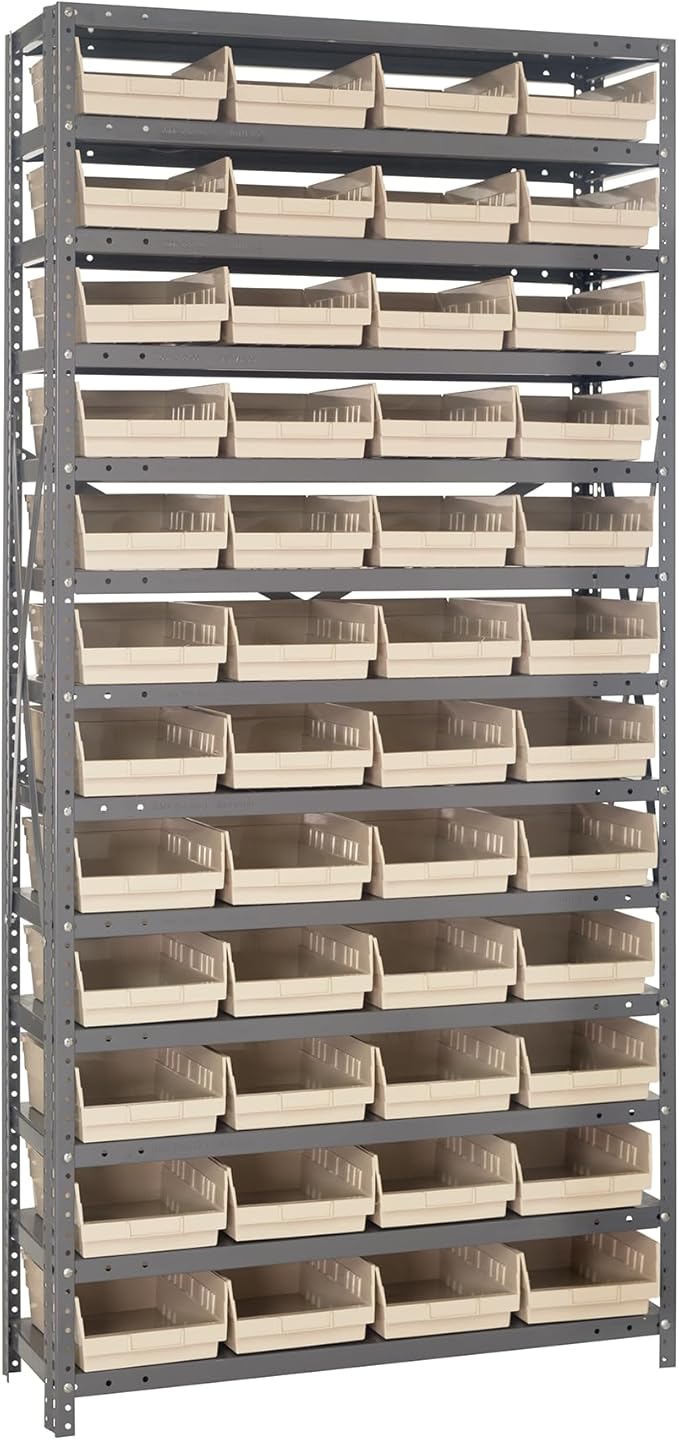 Quantum Storage Systems 1275-107IV Steel Shelving Unit with 4" Shelf Bins, 12" D x 36" W x 75" H, Ivory