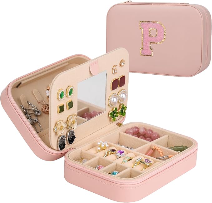 TopPerfekt Travel Jewelry Case, Jewelry Box with Mirror, Jewelry Organizer Bridal Shower Gifts to Her, Earring Storage Travel Case, Trendy Gift for Women and Girls, Girlfriend-Letter P, Pink