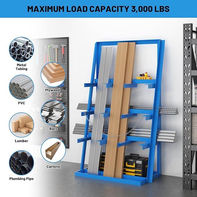 Vertical Bar Rack, 3000 Lbs Weight Capacity, Steel Bays Long Parts Storage Rack, Lumber and Metal Garage Organizer, Heavy Duty Pipe Organizer for Shop Basement
