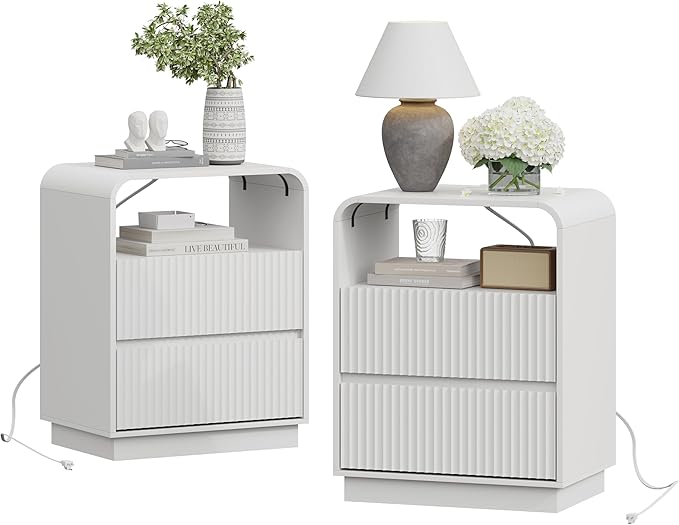 White Nightstands Set of 2 with Charging Station, Mid Century Modern End Tables & Bedside Tables, Fluted Wood Small Night Stands with 2 Hidden Drawers and Storage Shelf for Bedroom