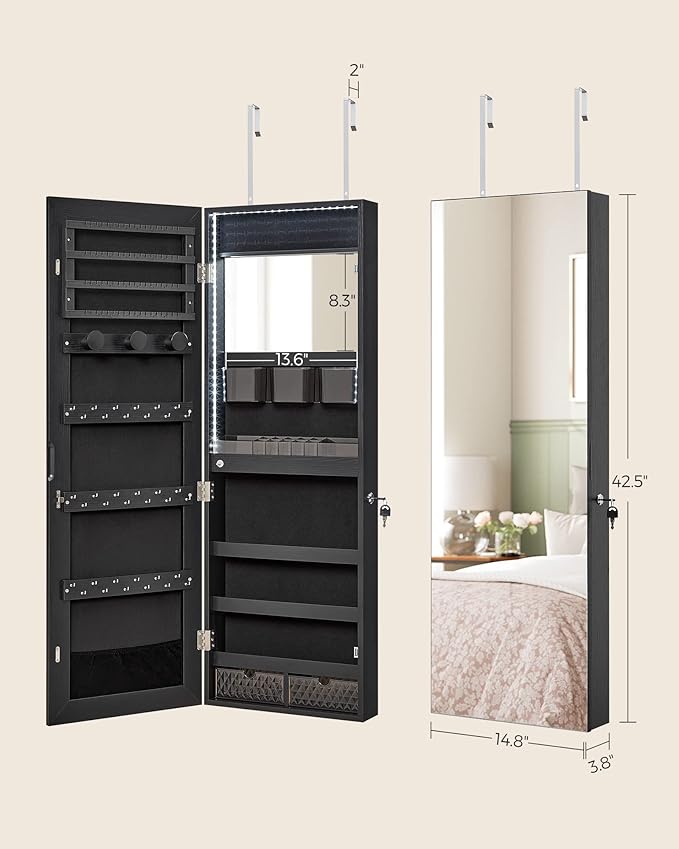 SONGMICS Jewelry Cabinet Armoire Organizer with LED Lights, Wall-Mounted Storage Cabinet with Full-Length Frameless Mirror, Built-in Makeup Mirror, 2 Drawers, Lockable, Christmas Gift, Black