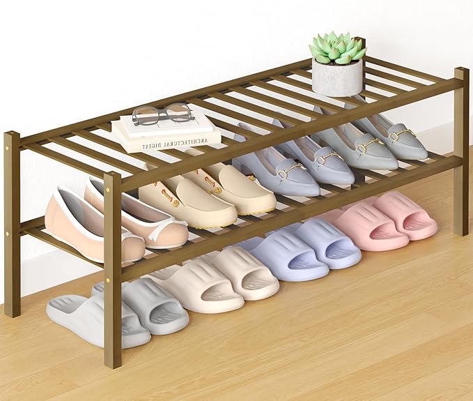 Smiry Bamboo Shoe Rack for Closet, 2 Tier Long Wooden Stackable Shoe Organizer, Free Standing Shoes Storage Shelf for Entryway, Front Door Entrance, Walnut
