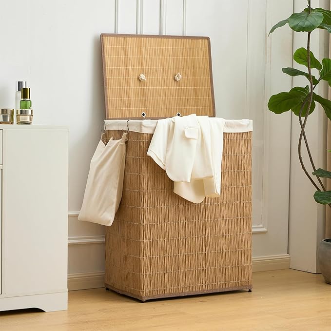 Laundry Hamper with Lid, 52.8 Gallon(200L) Large Laundry Basket 2 Removable Liner Bags, Synthetic Rattan Clothes Hamper with Side Pocket, laundry organization for bathroom, laundry room, Natural