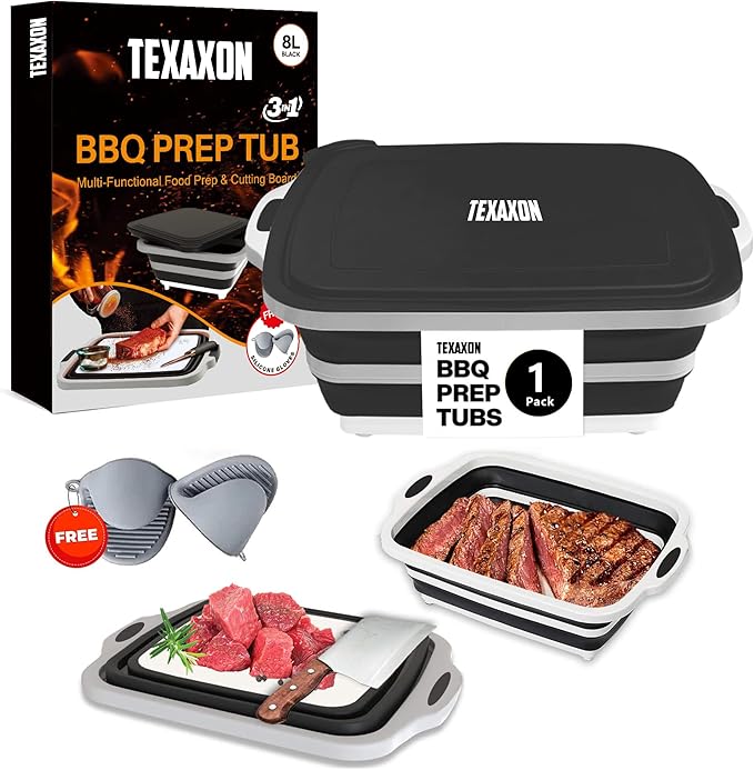 8L/16L BBQ Prep Tub with Cutting Board, Lid & Complimentary Mitts/Gloves – Collapsible Bucket for BBQ, Marinade, Picnic, Camping, Meat Prep – Orange/Black (Black, X-Large)