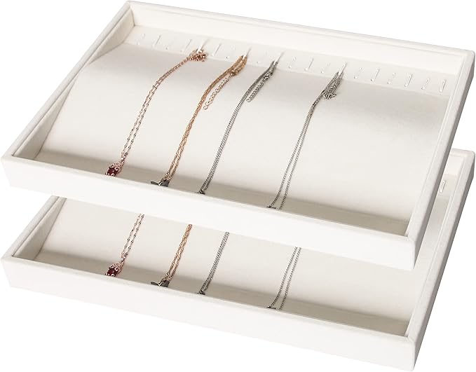 Coward Set of 2 Stackable Necklace Holder Organizer Tray Velvet Necklace Display Stand for Selling Jewelry Box Case for Storage (beige(necklace+necklace))