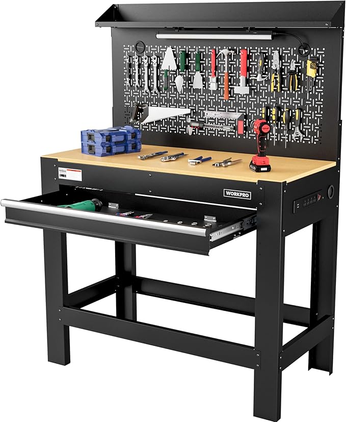 WORKPRO Garage Workbench with Storage, 45" Workbench with Pegboard, Power Outlets and Light, 800 LBS Multipurpose Work Bench for Garage, Warehouse, Workshop