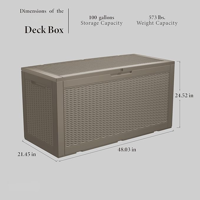 100 Gallon Resin Deck Box, Waterproof Outdoor Storage Bin for Patio Furniture, Pool Accessories, and Garden Tools, Lockable & UV-Resistant, Grey